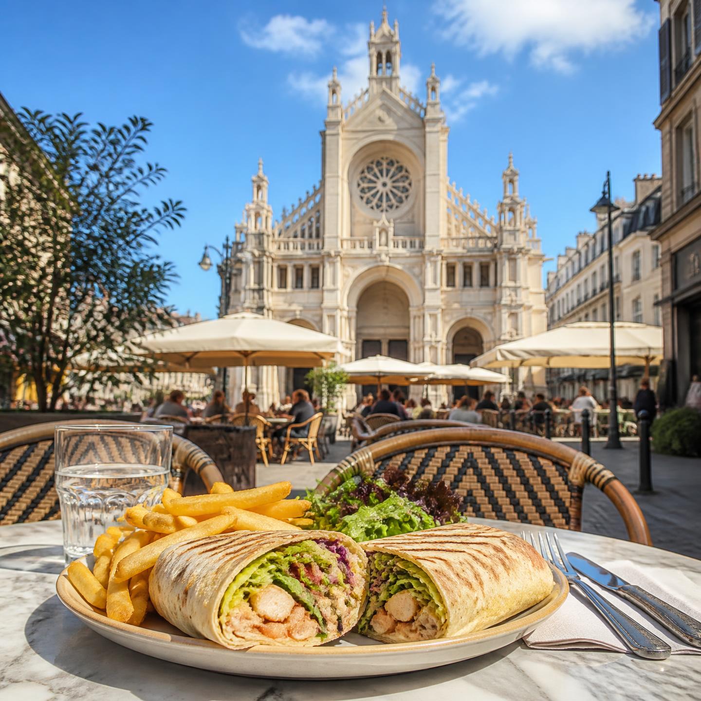 Wrap chawarma et frites servis en terrasse face à l'église Sainte-Catherine, Bruxelles